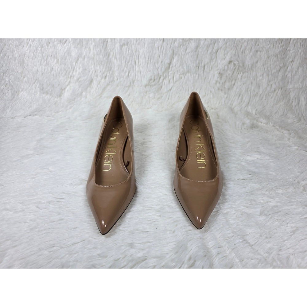 Calvin Klein Womens Tan Patent Pointed Toe Block Heel Pumps Size 7.5 M